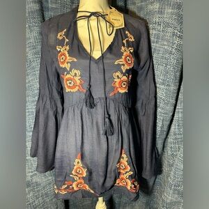 Navy Tassel Boho Embroidered Tunic